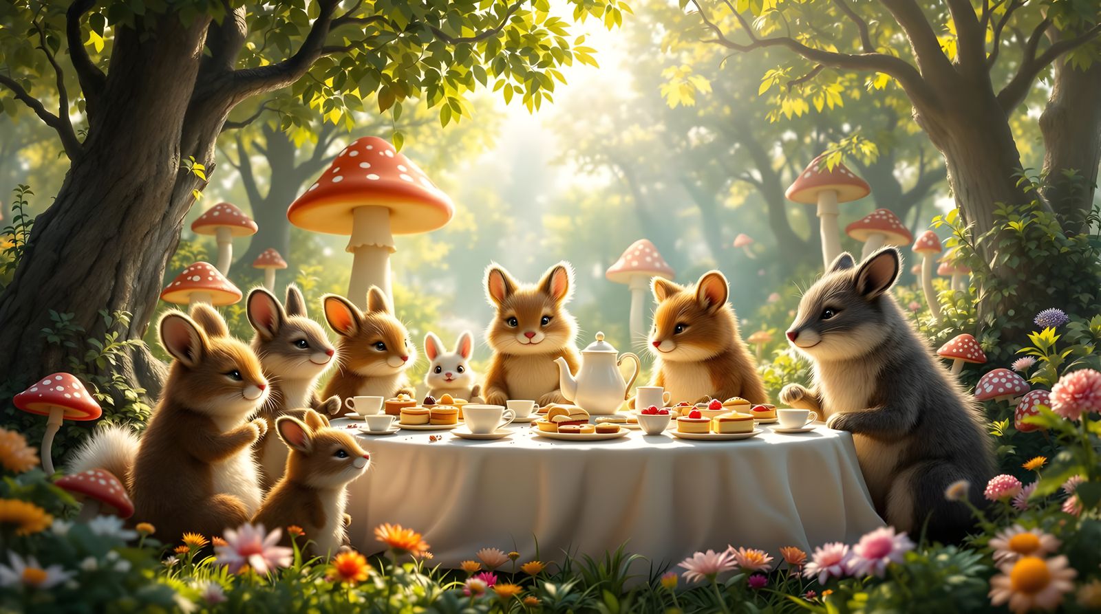 Tea Party in Mushroom Forest with Animals
