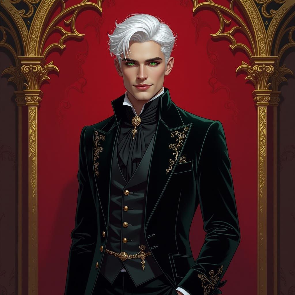 White-Haired Man in Velvet Vest, Dark Fantasy Art