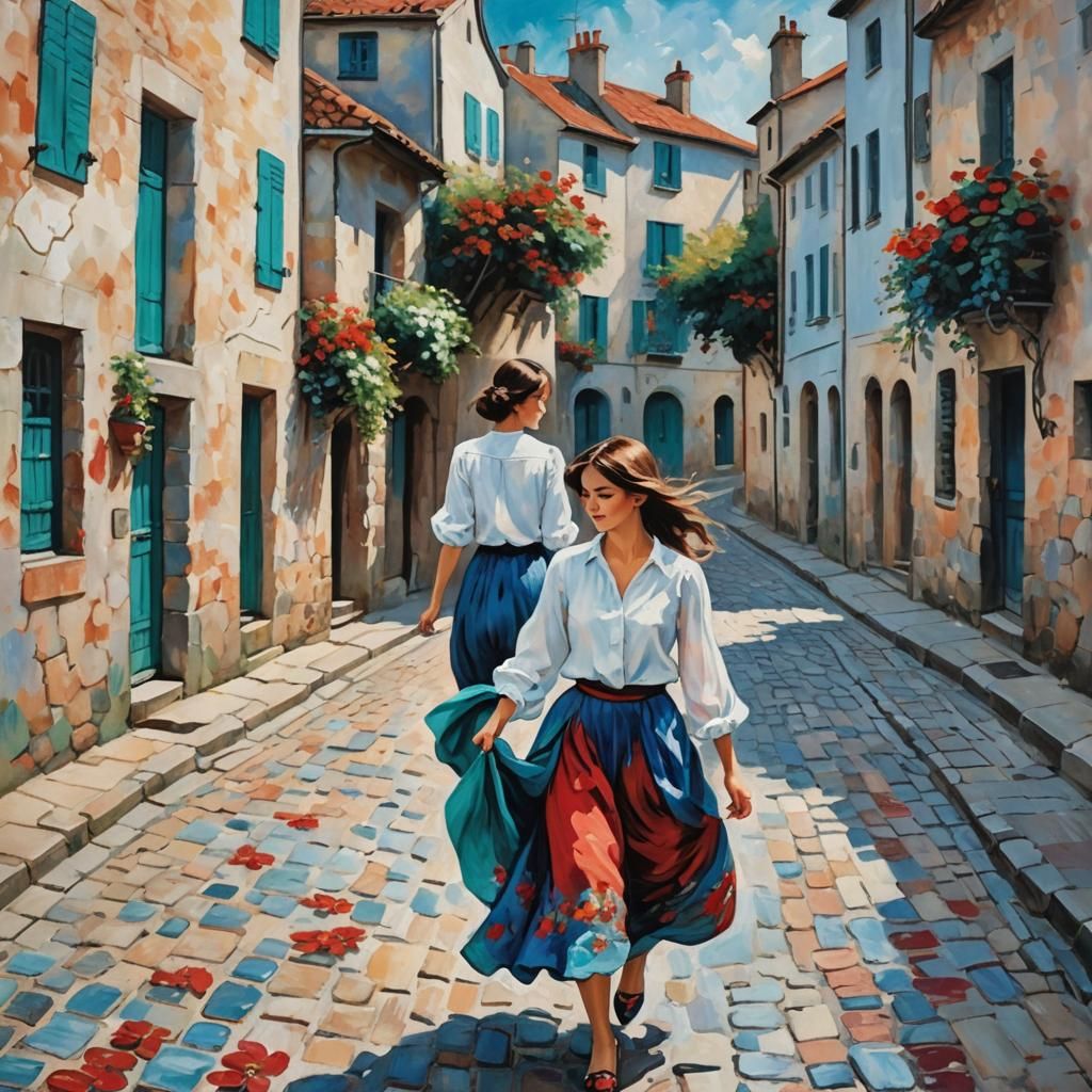 Impressionistic Woman Strolling Along Cobblestone Street