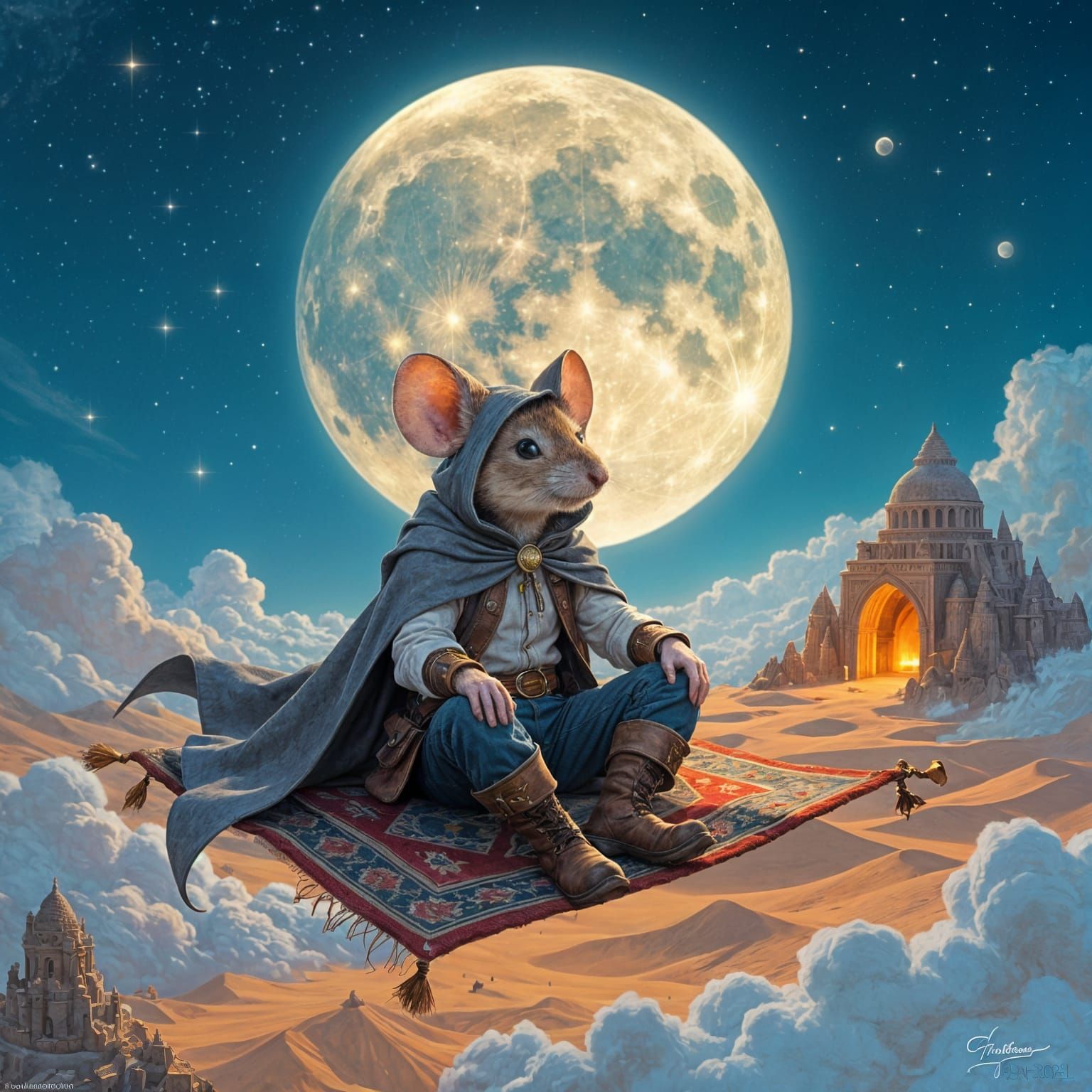 Anthropomorphic Mouse on Flying Carpet, Fantasy Scene