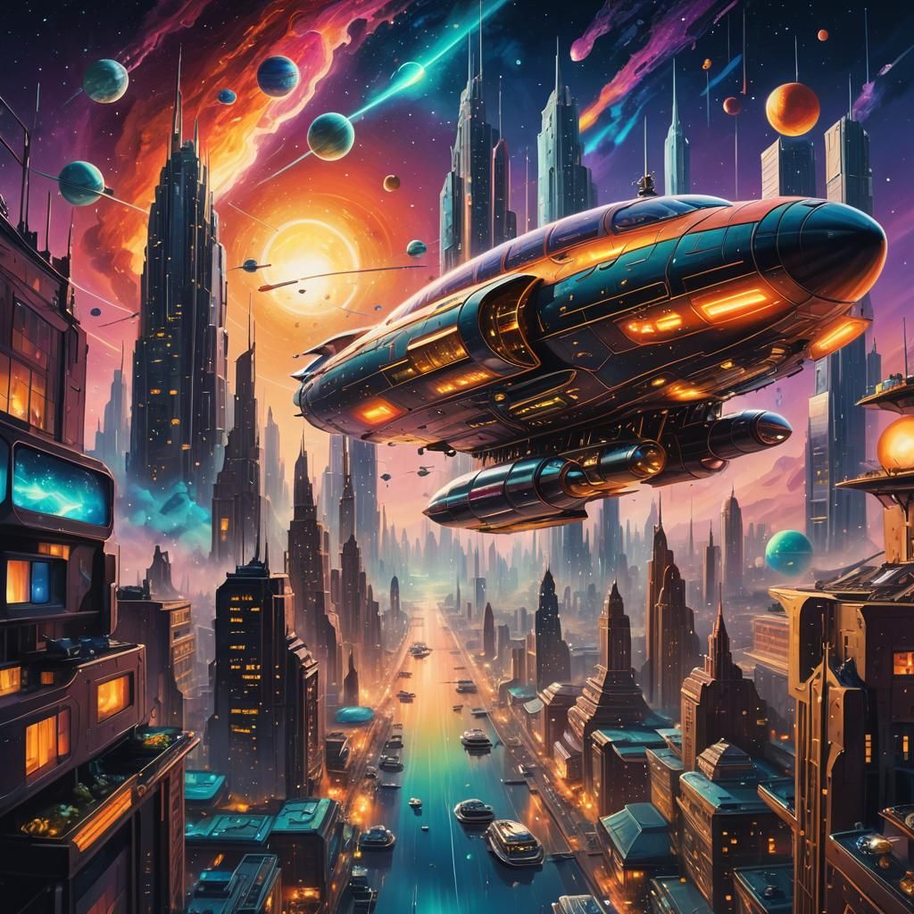 Futuristic City in Space as Surreal Oil Painting