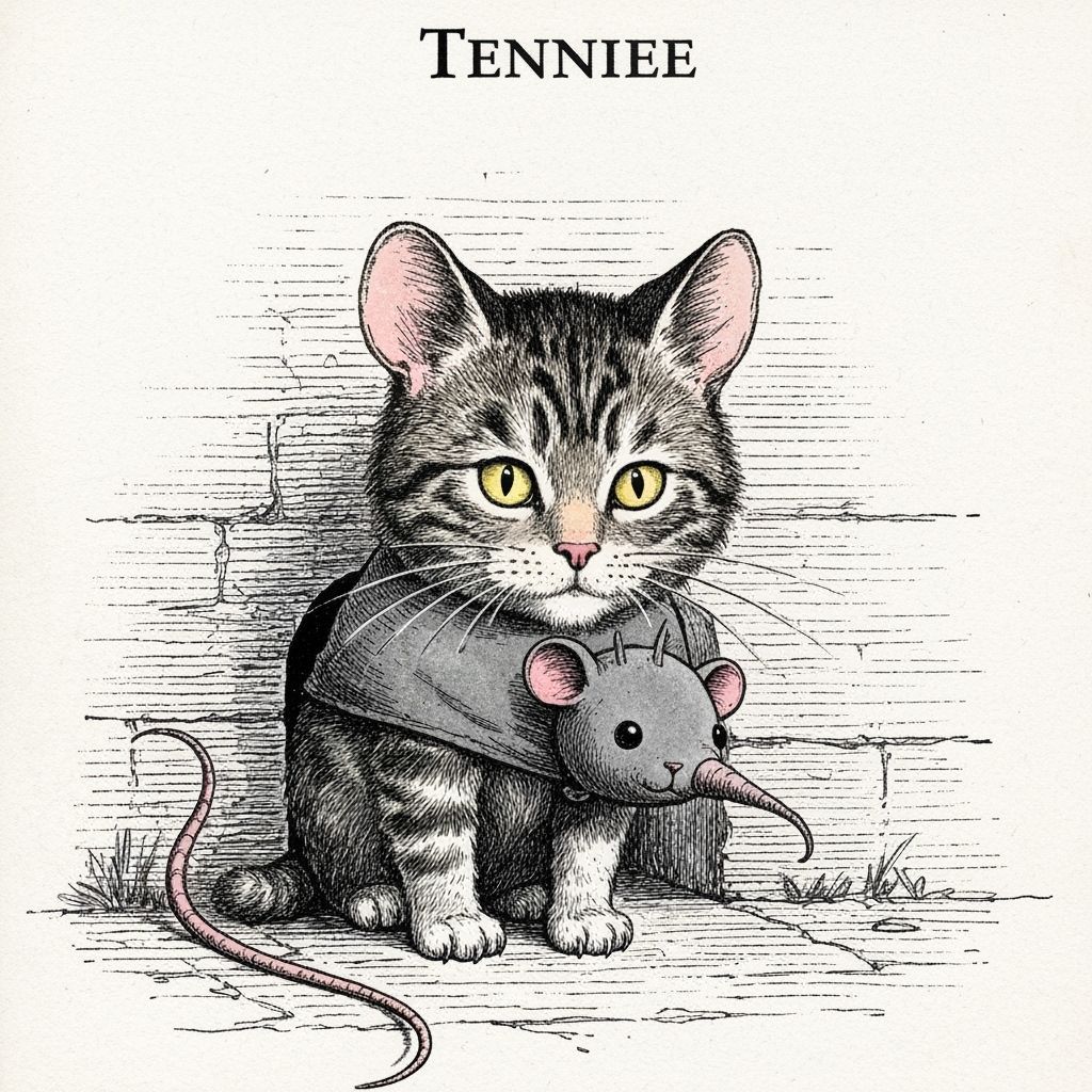Style of Tenniel, a cat dressed as a mouse by a mouse hole