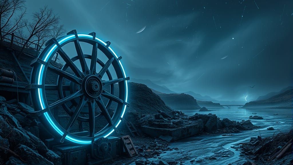 Epic Cyberpunk Waterwheel in Neon Glory