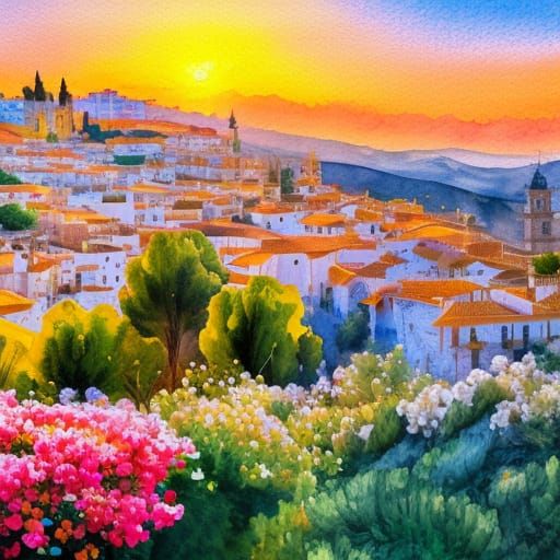Andalusian Town at Golden Hour in Gouache Style