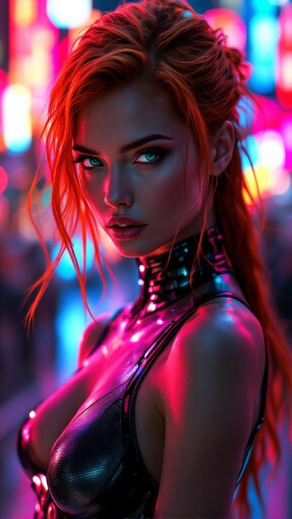 Cyberpunk Goddess Illuminated by Neon Cityscape