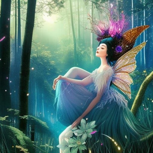 Cute Fairy in Magic Forest: Surreal Digital Art