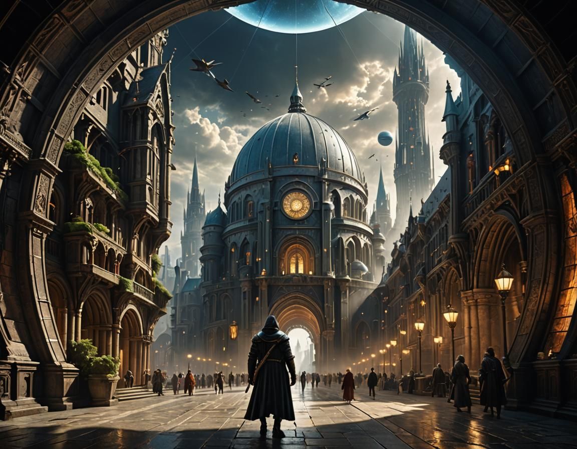 Medieval Man in Domed Futuristic City