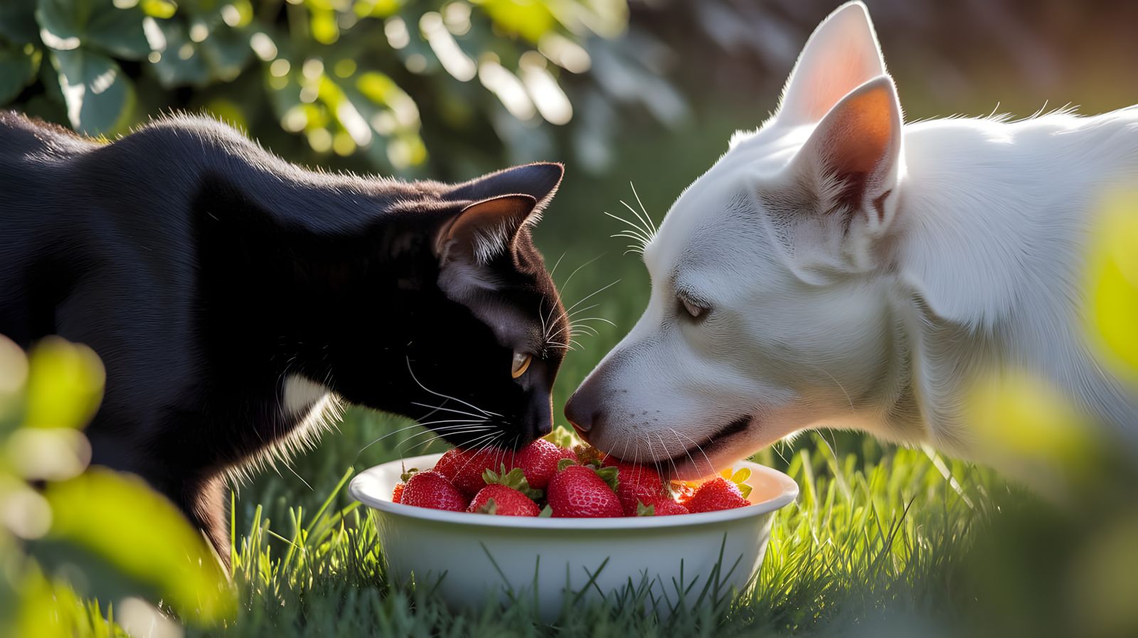 Furry Friends Savor Strawberries in a Sunlit Garden