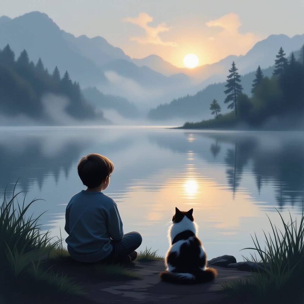 Boy and Persian Cat by Misty Lake at Dawn
