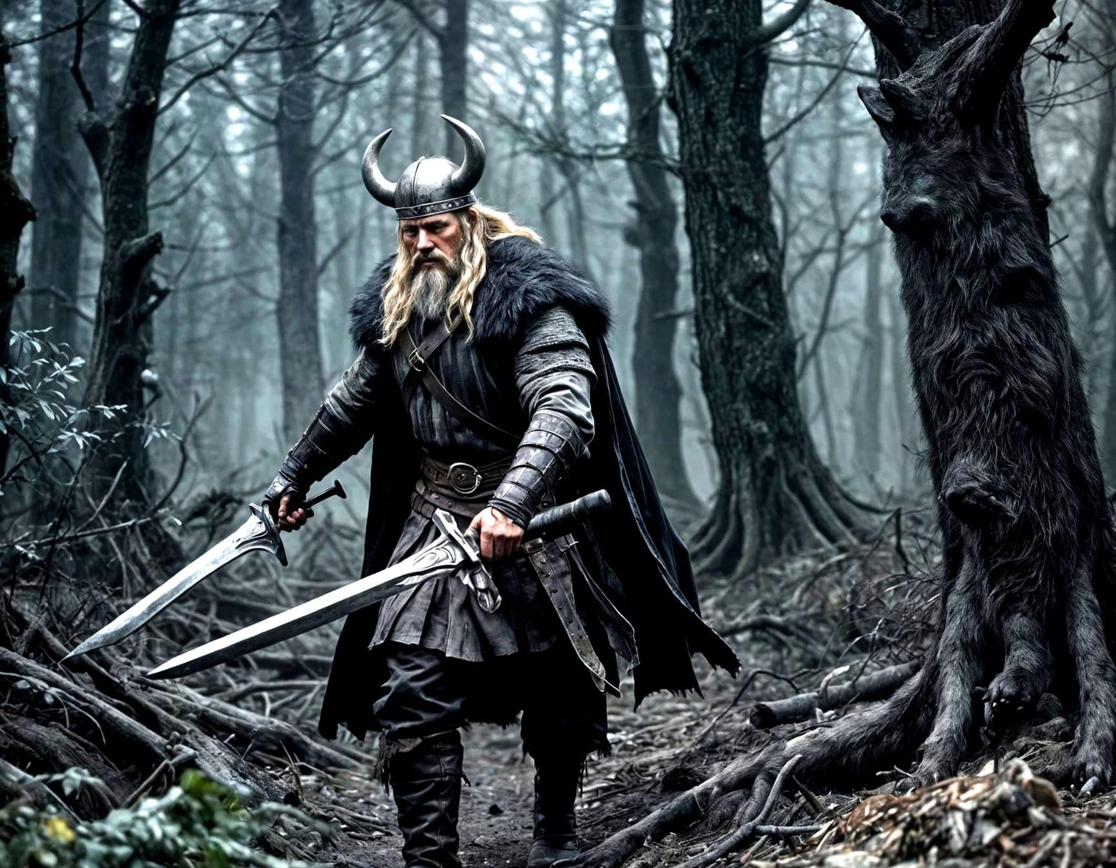 Viking Warrior Confronts Giant Black Wolf
