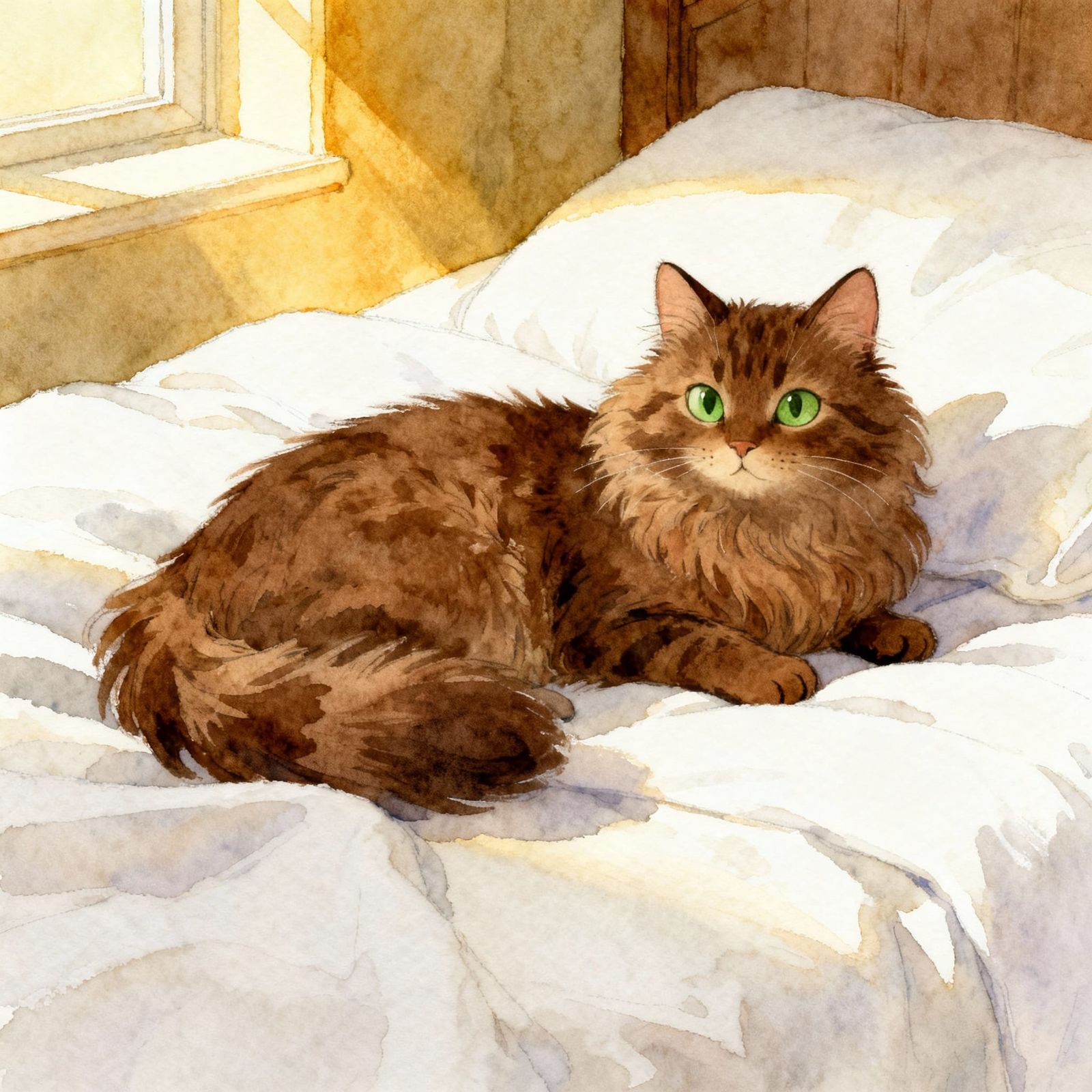Fluffy Brown Cat Rests on White Bed in Watercolour Style