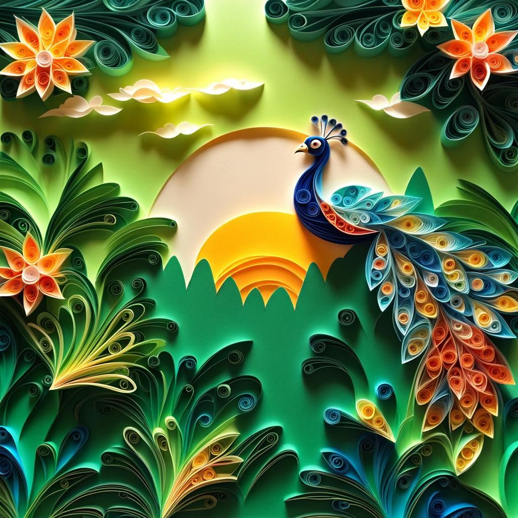 Papercraft Quilling Sunrise with Jungle Peacock