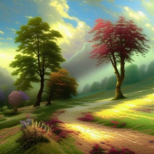 Ethereal Fantasy Landscape in Thomas Kinkade Style