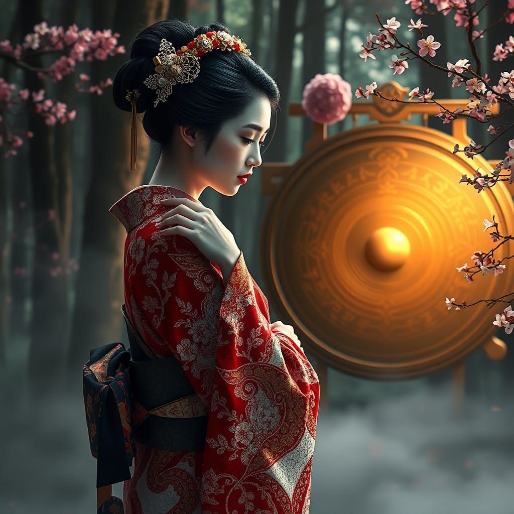 Geisha Touching Mirrored Reflection in Mystical Forest