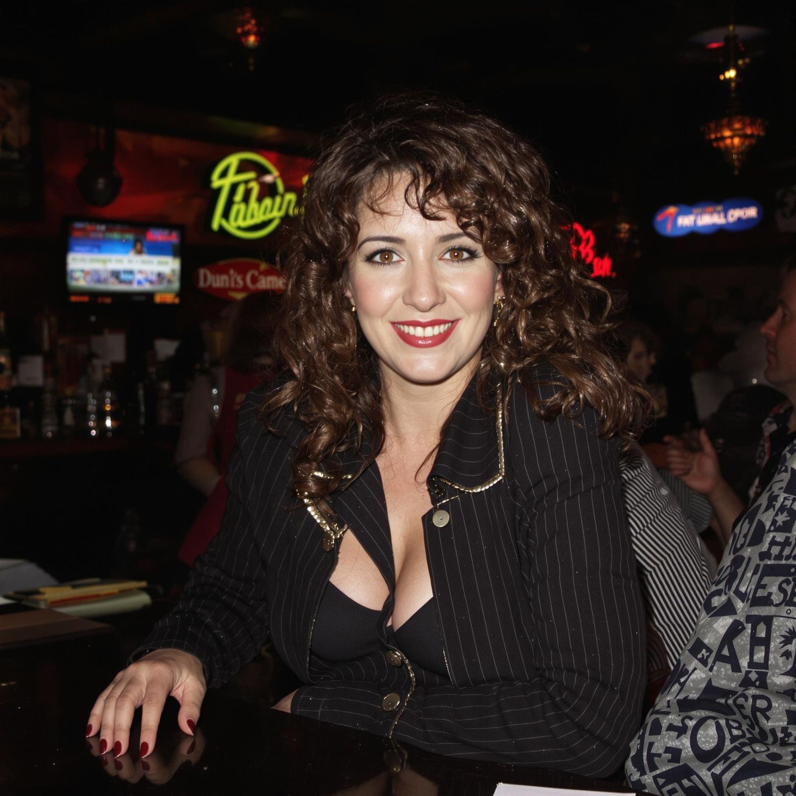 Sassy Jewish Woman Embracing in 80s Dive Bar Style