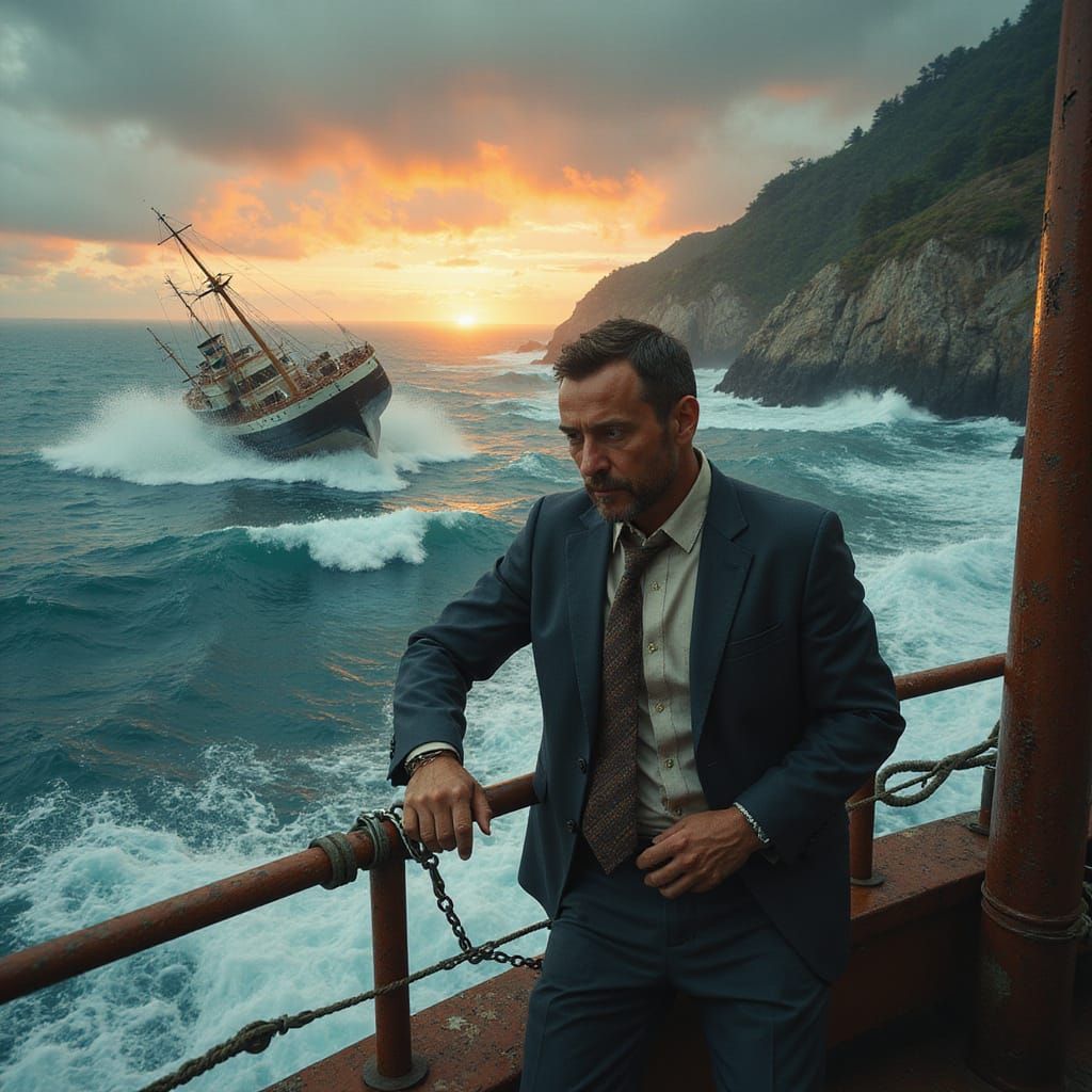 Man Handcuffed to Sinking Yacht, Hyperdetailed Concept Art