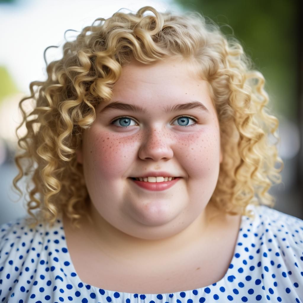 Cheerful Obese Woman in Polka Dot Dress, Professional Photo