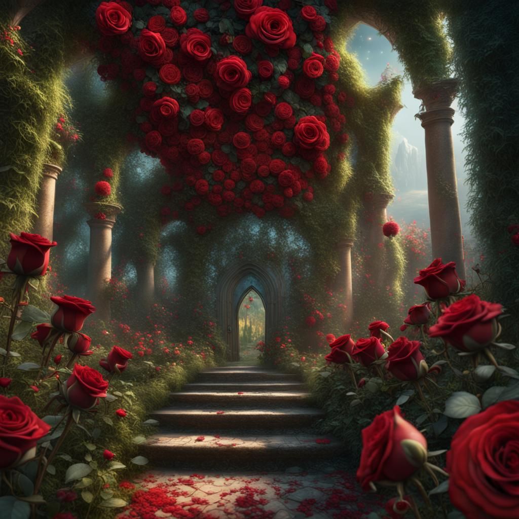 Enchanted Garden: Red Roses in a Fantasy Landscape
