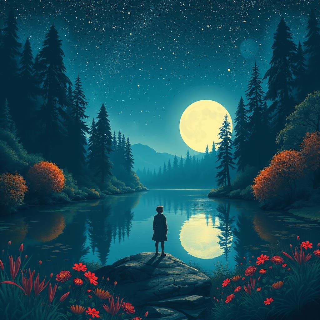 Mystical Moonlit Landscape in Vibrant Colors