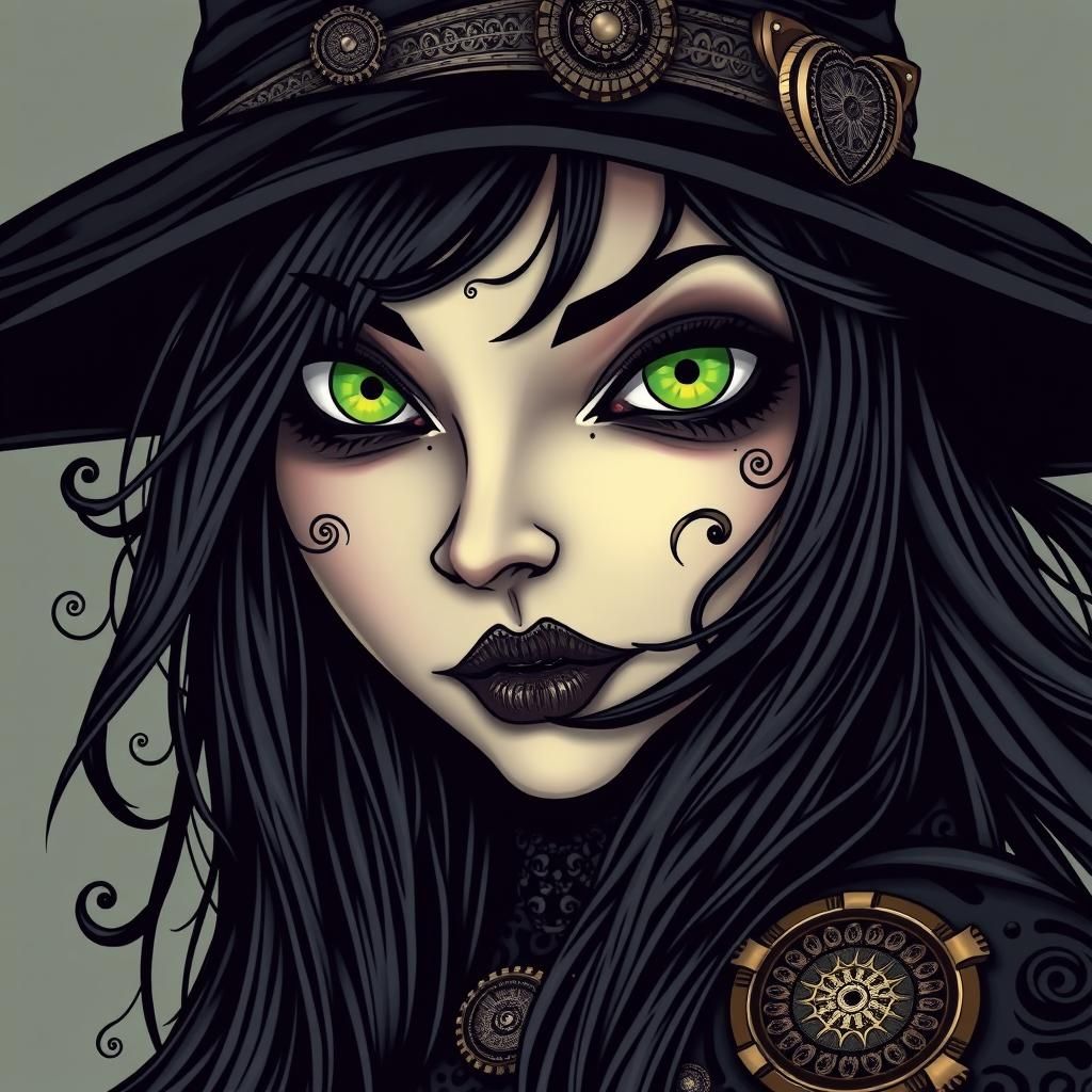 Gothic Steampunk Witch with Green Eyes