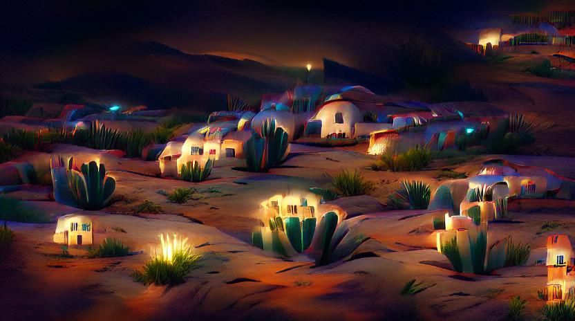 Desert Adobe Houses at Night in 3D