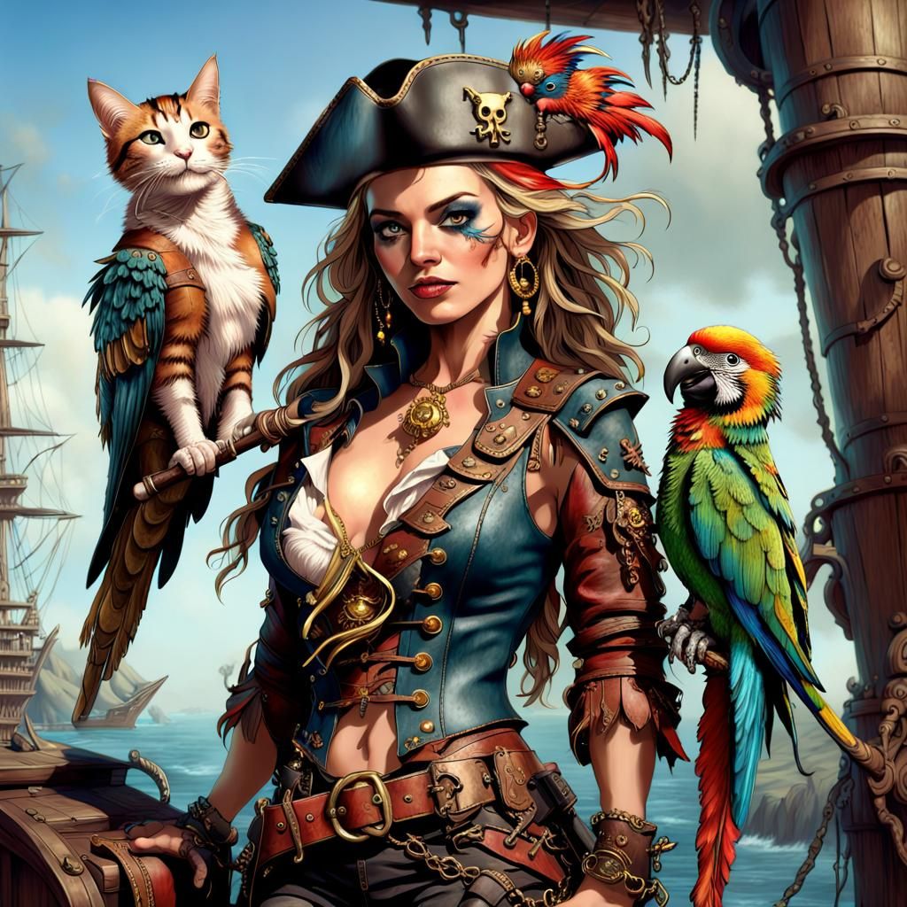 Fierce and Beautiful Pirate with Cat and Parrot