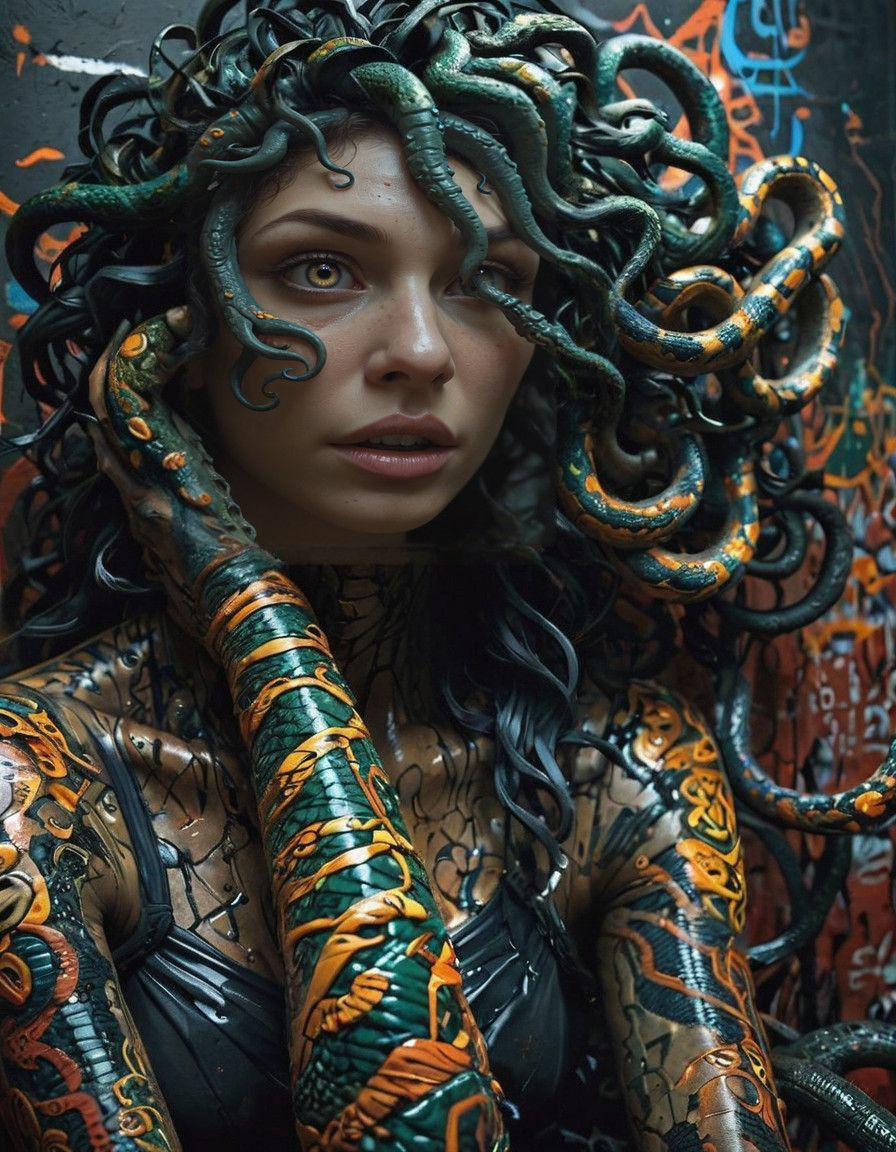Medusa with Snakes in Her Hair in Vibrant Graffiti Art