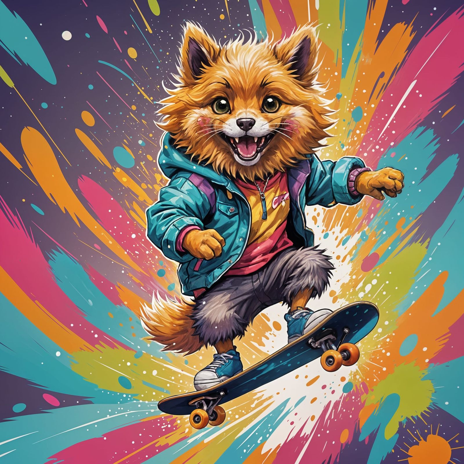 Playful Fluffy Dog on Skateboard in Cartoon Style