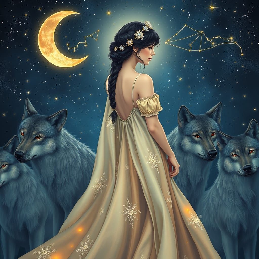 Ethereal Virgo Princess with Celestial Aura and Majestic Wol...