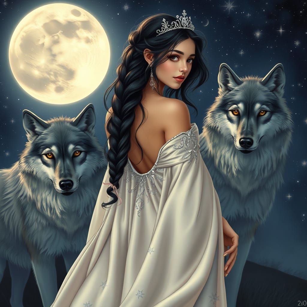 Majestic Virgo Princess with Wolves Under Celestial Moonligh...