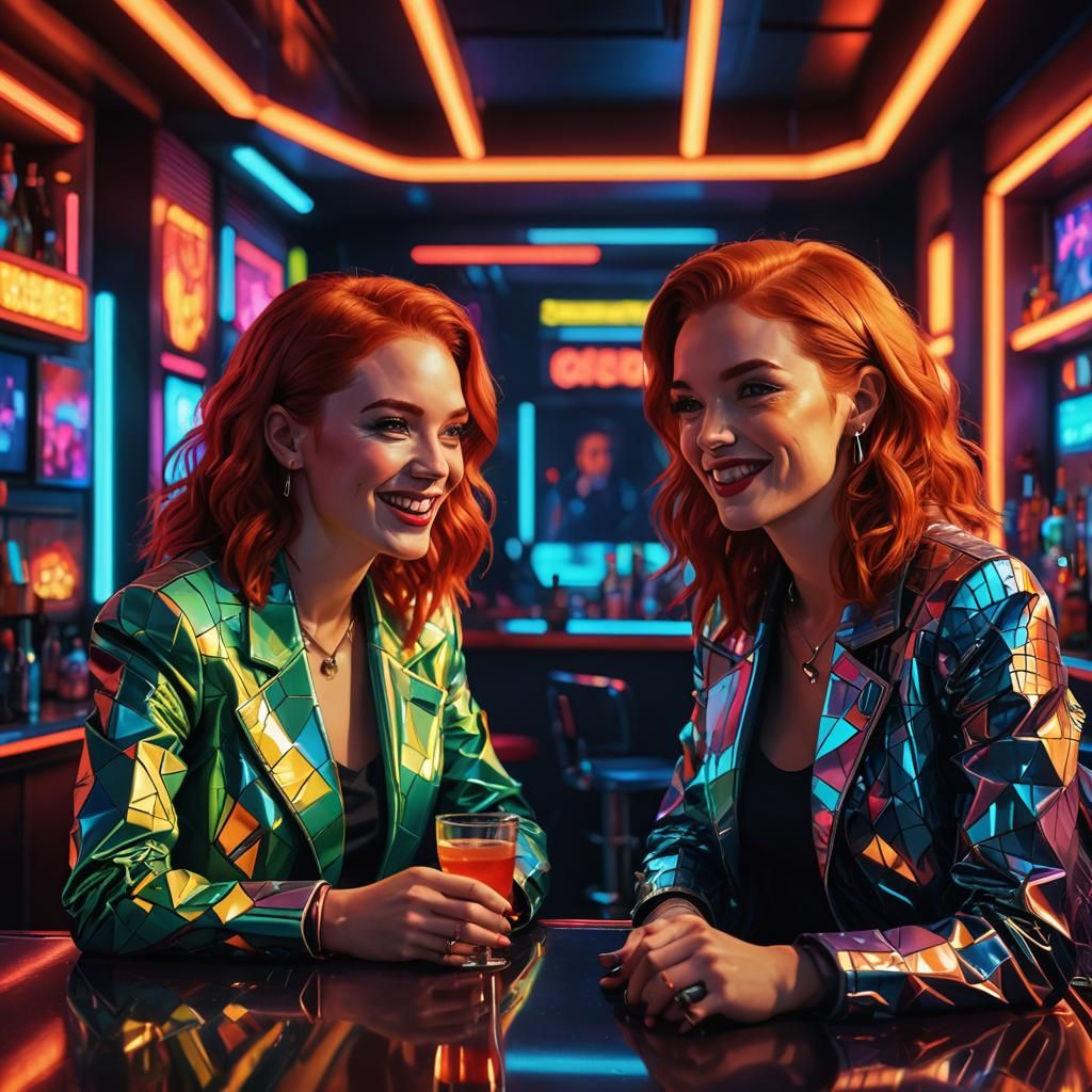 Futuristic Pop Art: Two Women in Neon Bar