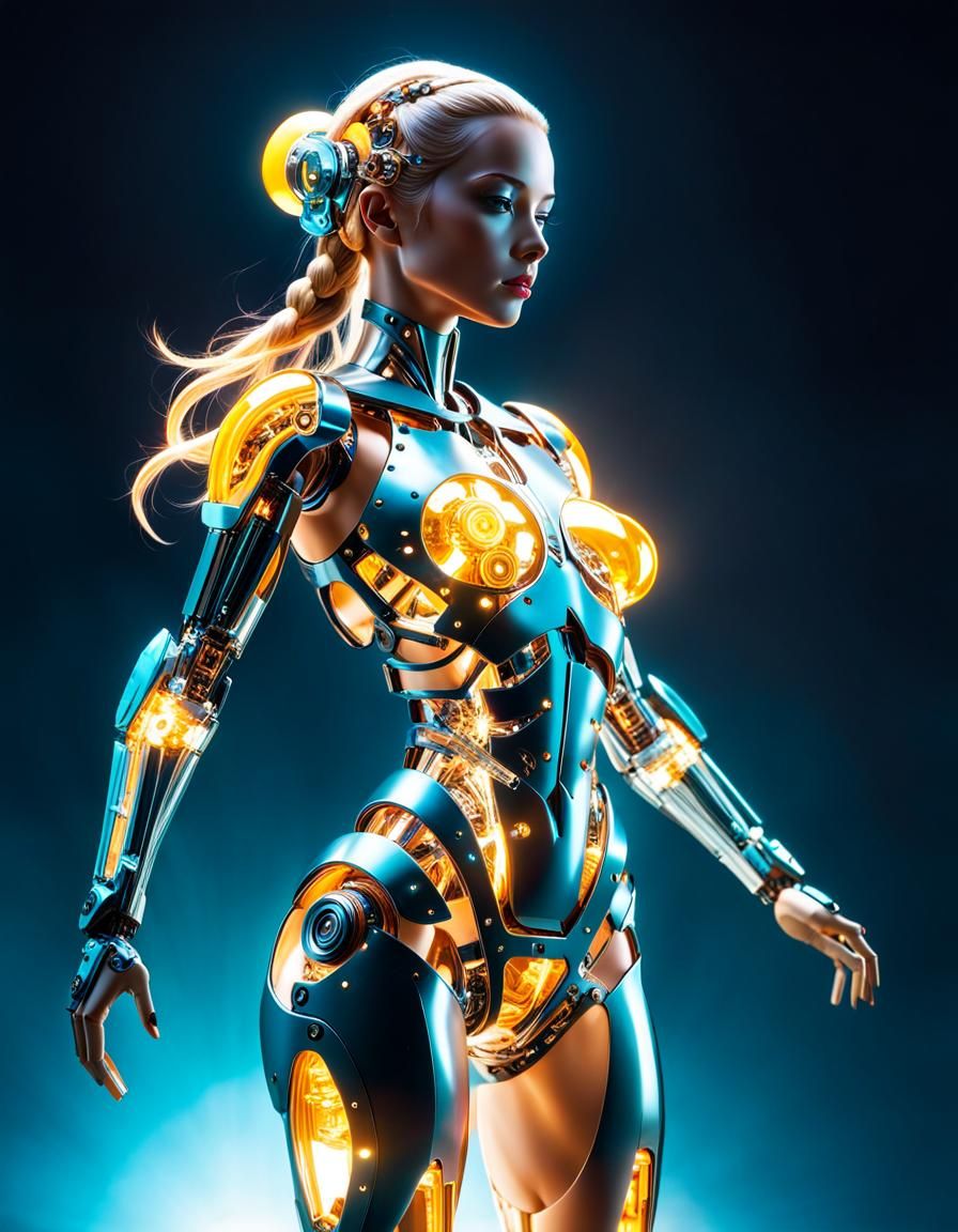 Disassembled Cyborg Figurine in Double Exposure