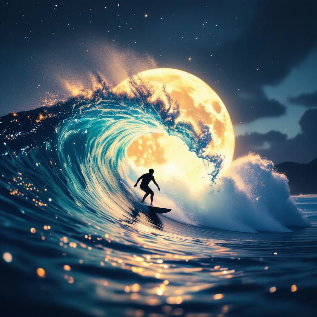 Surfer Rides Bioluminescent Moonlit Wave at Teahupo'o