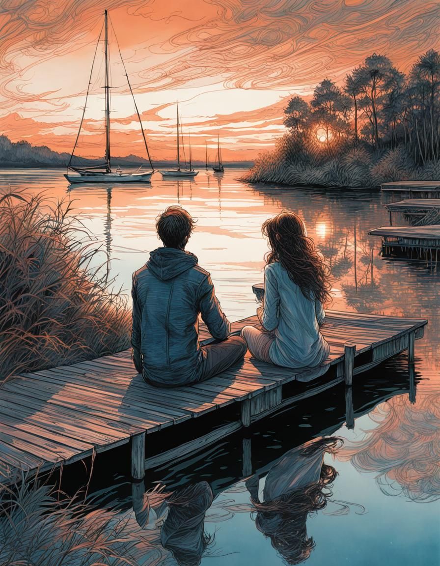 Dusk Dock Scene in Cubist Suminagashi Style