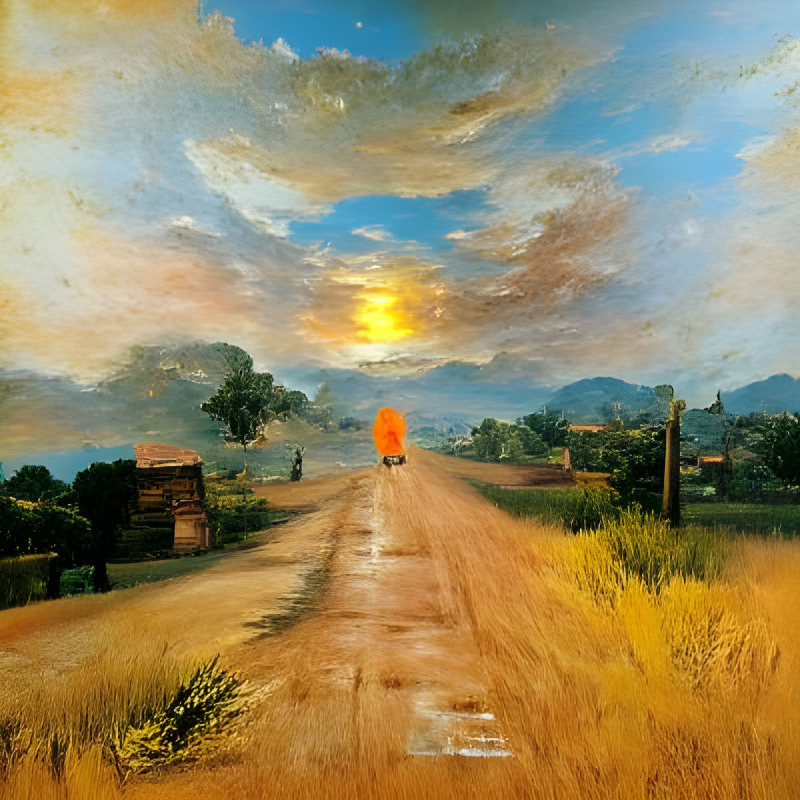 A lonely, dusty, country road through a small village. A man...