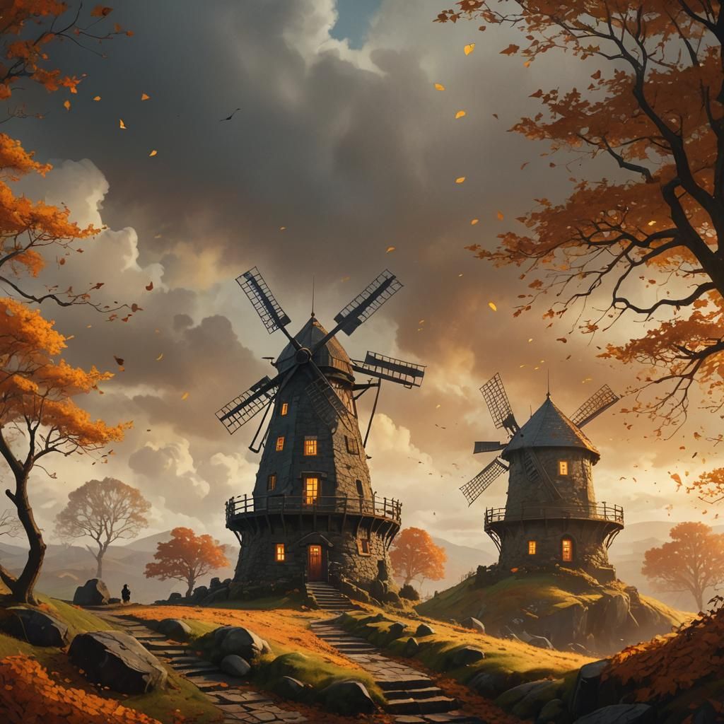 Autumn Windmill Fantasy Art in Brom and Waterhouse Style
