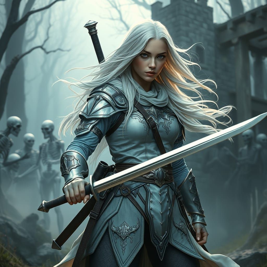 Elegant Female Ranger in Shining Silver Armor