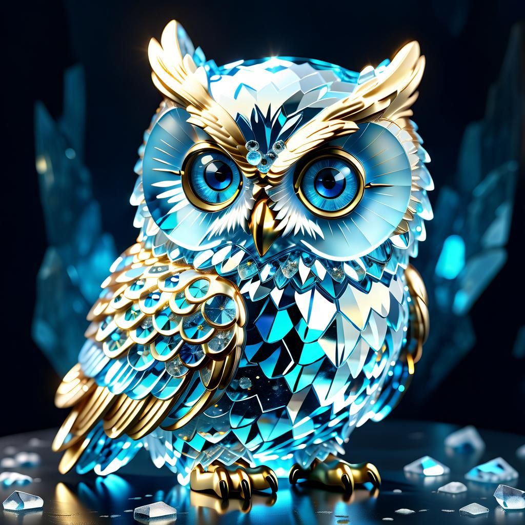Icy Blue Crystal Owl Sculpture in Gold Matrix