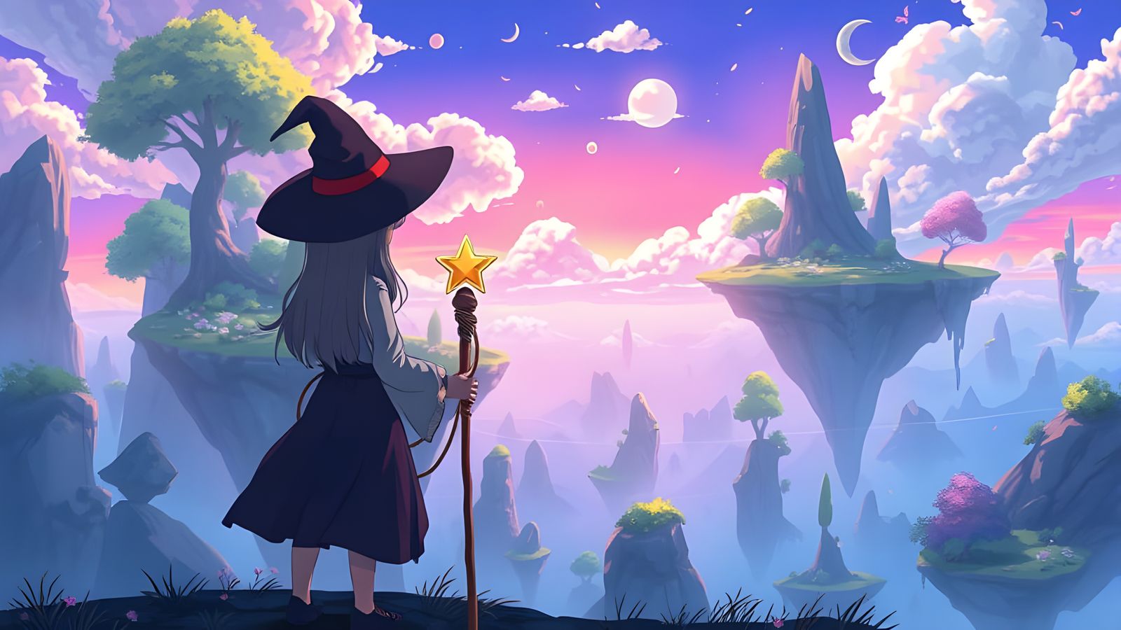 Anime Witch Gazing at Floating Islands