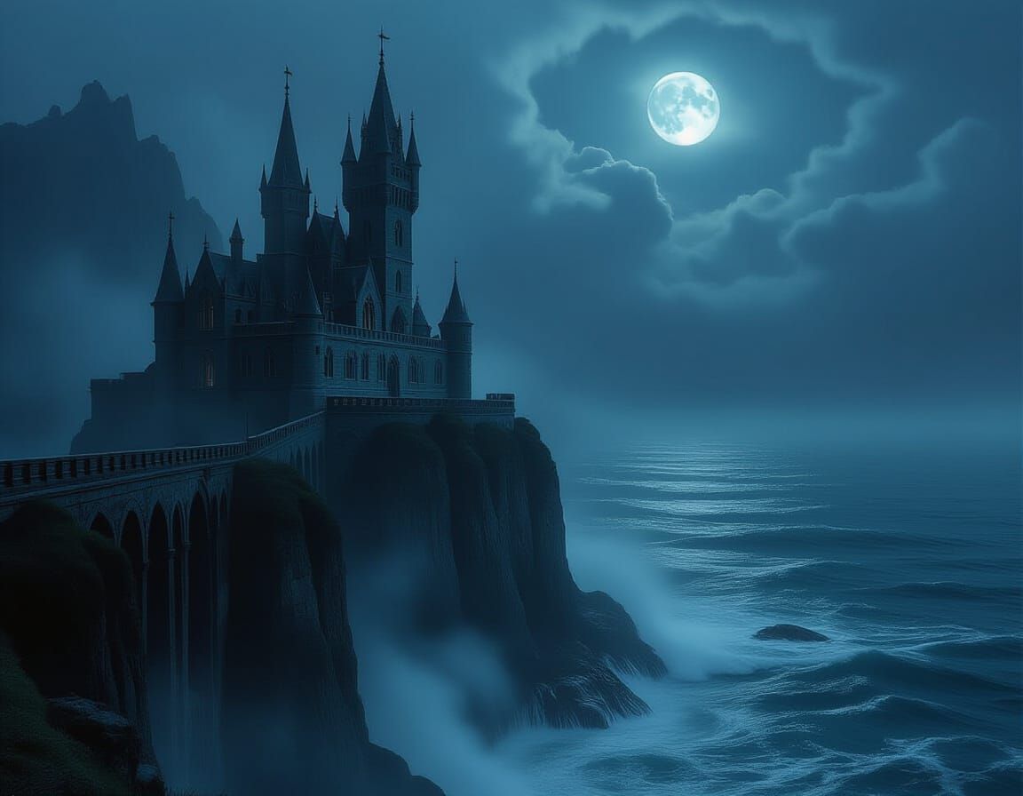 Gothic Castle on Stormy Cliff Edge in Ethereal Mist