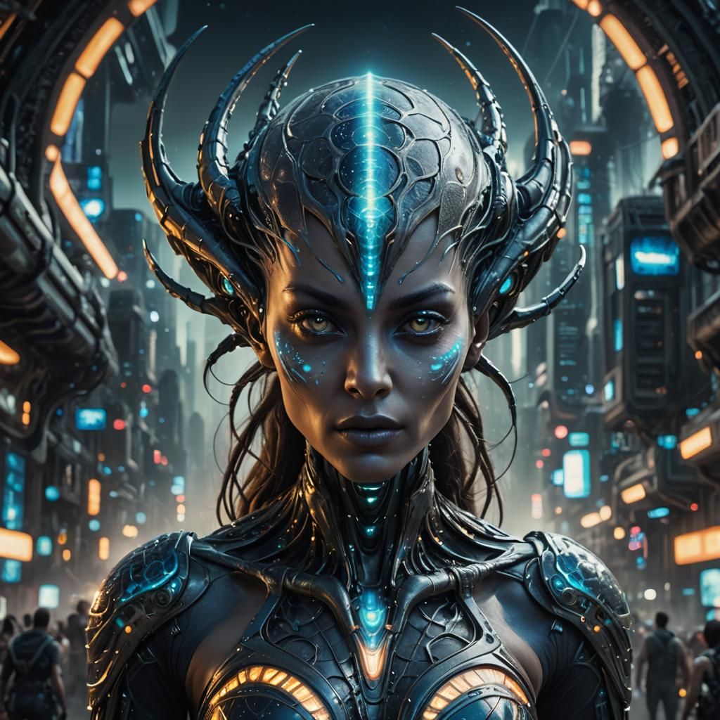 Bioluminescent Alien Beauty in Futuristic City