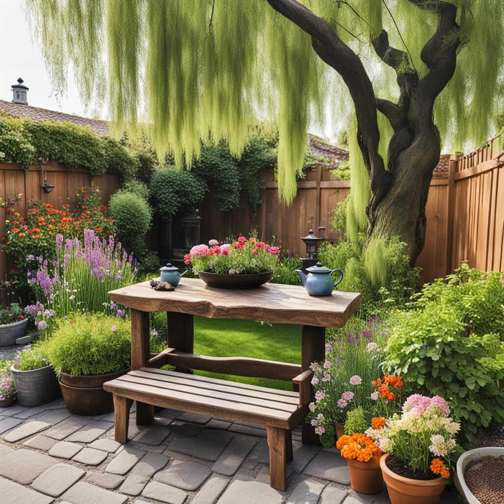Relaxing Patio with Willow Tree and Birdlife