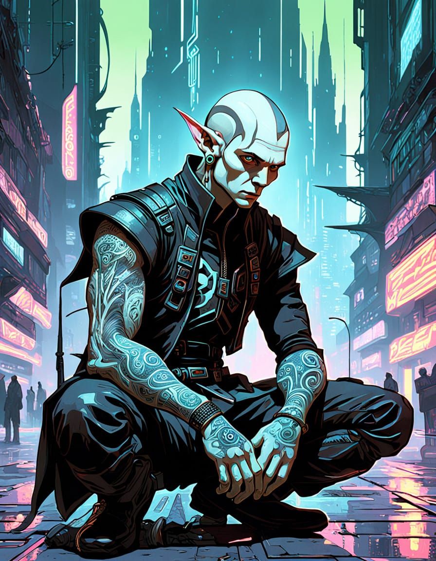 Gothic Elf Warrior in Cyberpunk Cityscape