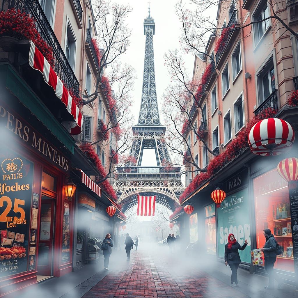 Eiffel Tower in Dreamy Surreal Fairytale Street Scene
