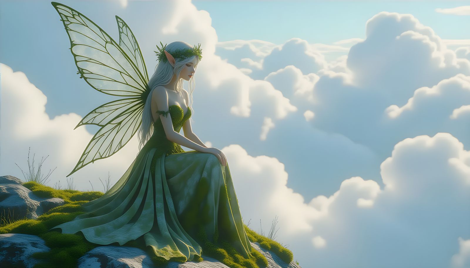 Stone and Wood Fairy in Cloudy Landscape