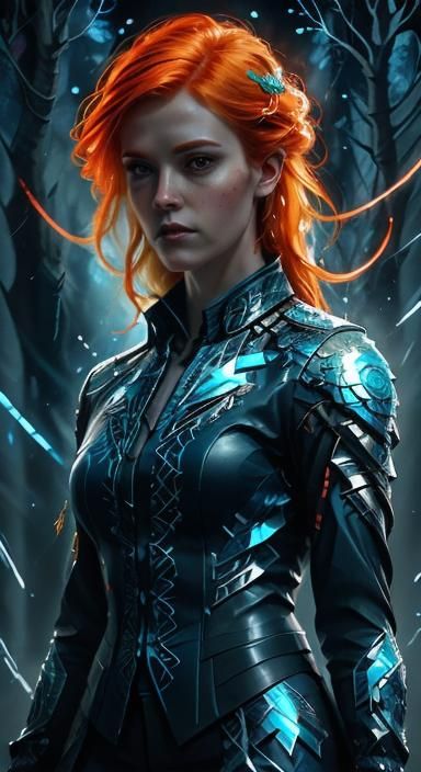 Mystical Agent Ylva in Neon-Lit Fantasy Landscape