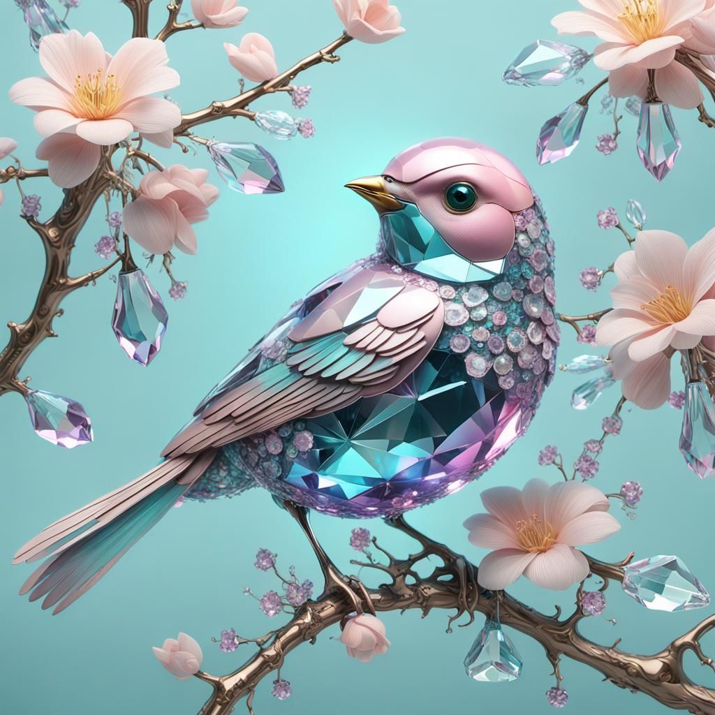 Pastel Crystal Bird on Branch in Cyberpunk Style