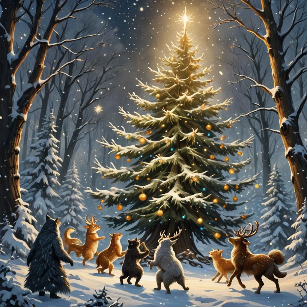 Mythical Creatures Dance in Snowy Forest, Digital Art