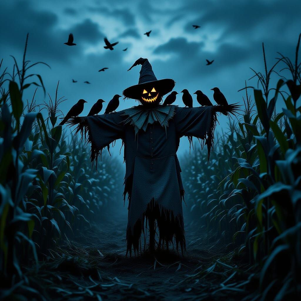Haunted Scarecrow in Dimly Lit Corn Maze