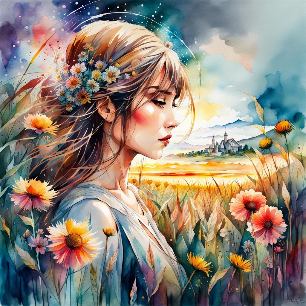 Watercolor Field of Crops with Cubist Sunset